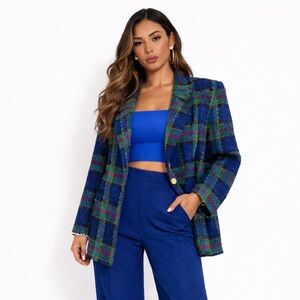 Bleyle Vintage Oversized Plaid Tweed Preppy Single Breasted Blazer